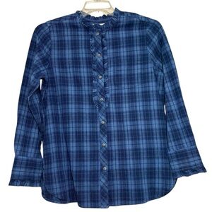 NWT Lucky Brand blue plaid long sleeve button down shirt ruffle detail medium